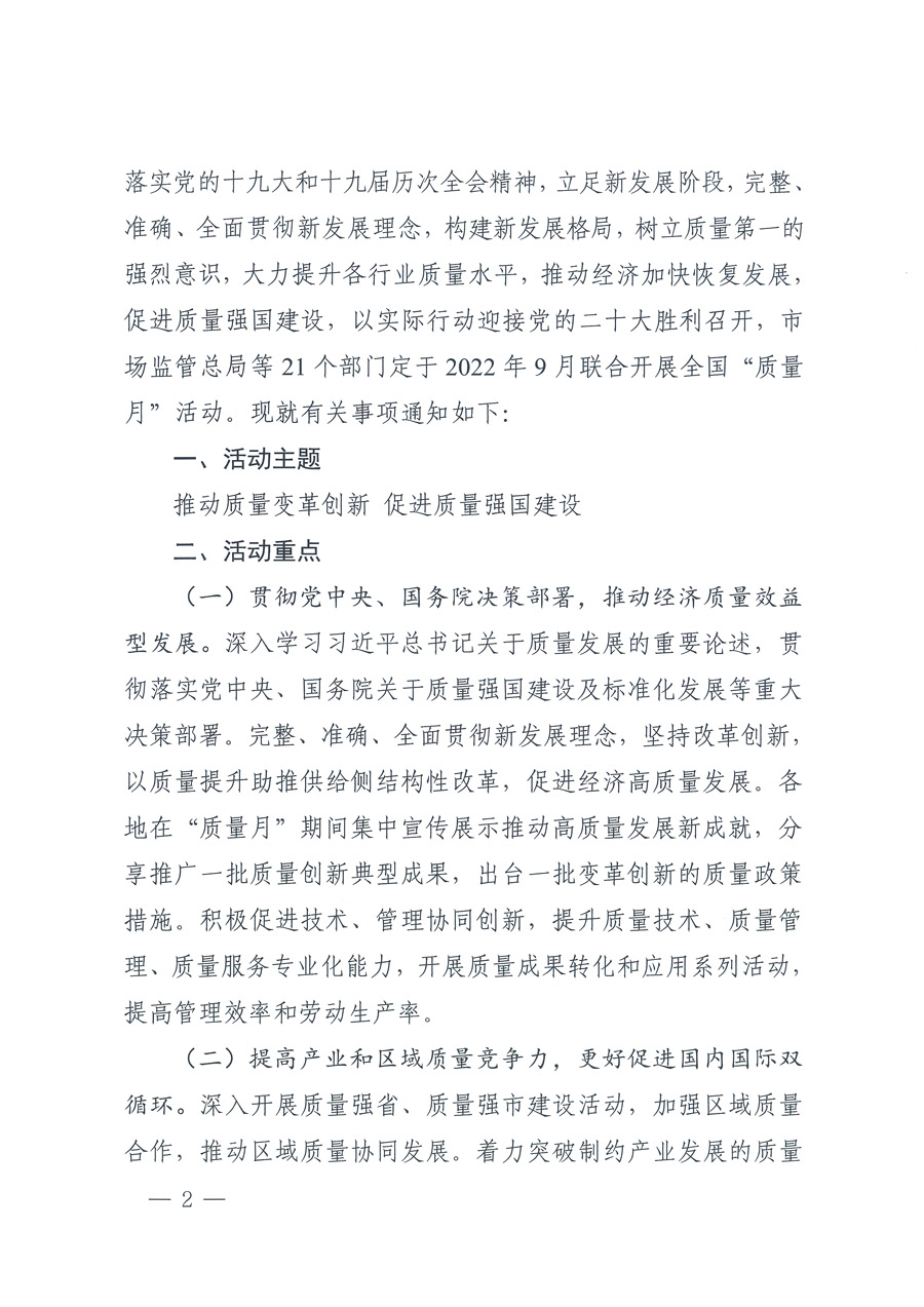 市場(chǎng)監(jiān)管總局等21個(gè)部委（部門）發(fā)文部署開(kāi)展2022年全國(guó)&ldquo;質(zhì)量月&rdquo;活動(dòng)（國(guó)市監(jiān)質(zhì)發(fā)〔2022〕76號(hào)）